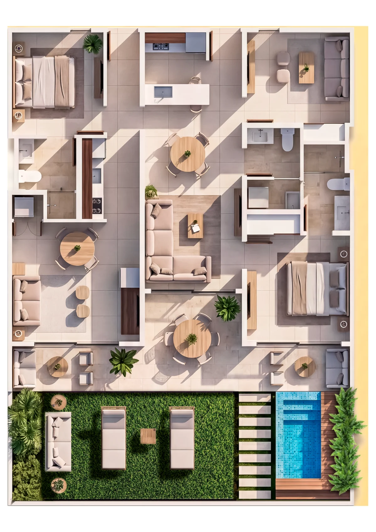 Ilustración en planta de la tipología A+B connecting de Coral Lake