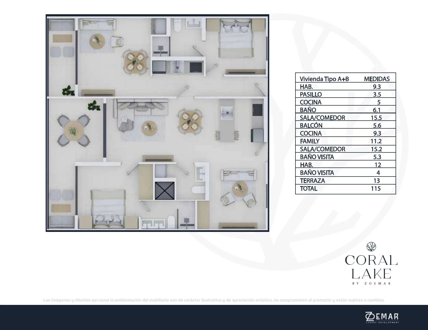 Tabla de metrajes de la vivienda tipo A+B de Coral Lake
